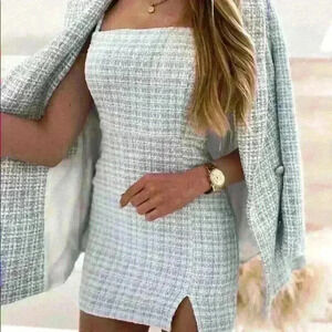 Bleu Mini Tweed Dress with Spaghetti Strap